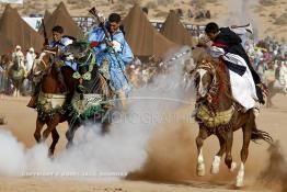 Image du Maroc Professionnelle de  Course typiquement marocaine dite ''la Fantasia'' organisé dans un site désertique sur lequel la ville de Tan Tan a toujours accueilli la majorité des tribus et des grandes familles nomades du désert lors d'un grand moussem, Samedi 24 Mars 2012. (Photo / Abdeljalil Bounhar)

 